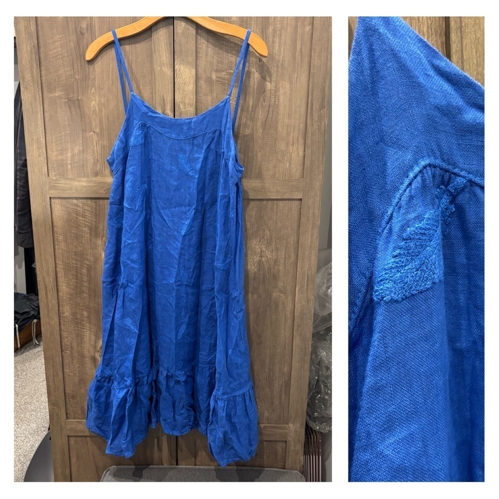 Pure‎ Lino Linen Italy Dress Spaghetti straps blue embroidered